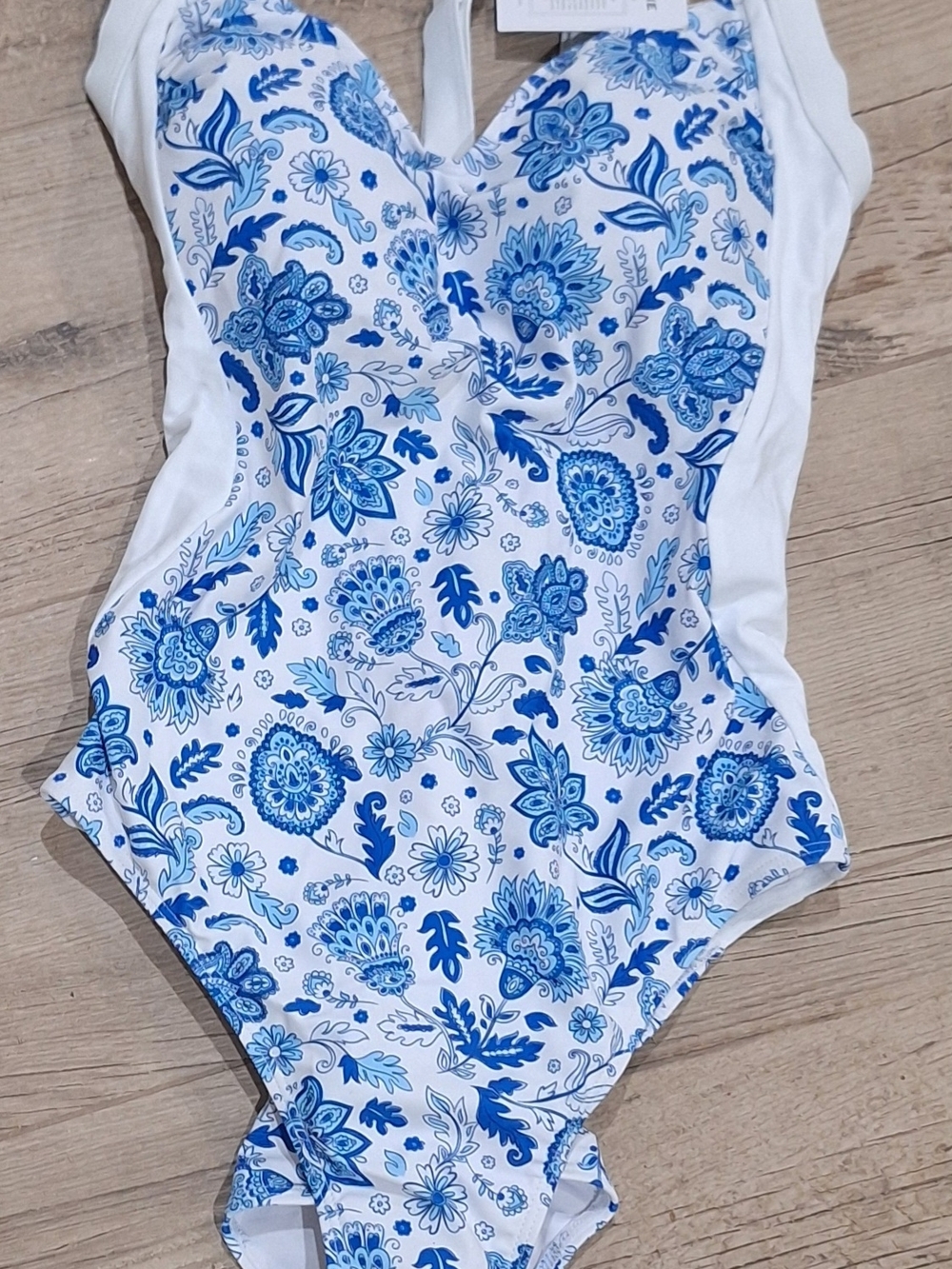 Eomenie Blue White Floral One Piece Swimsuit Criss Cross Back L NWT - Picture 2 of 7